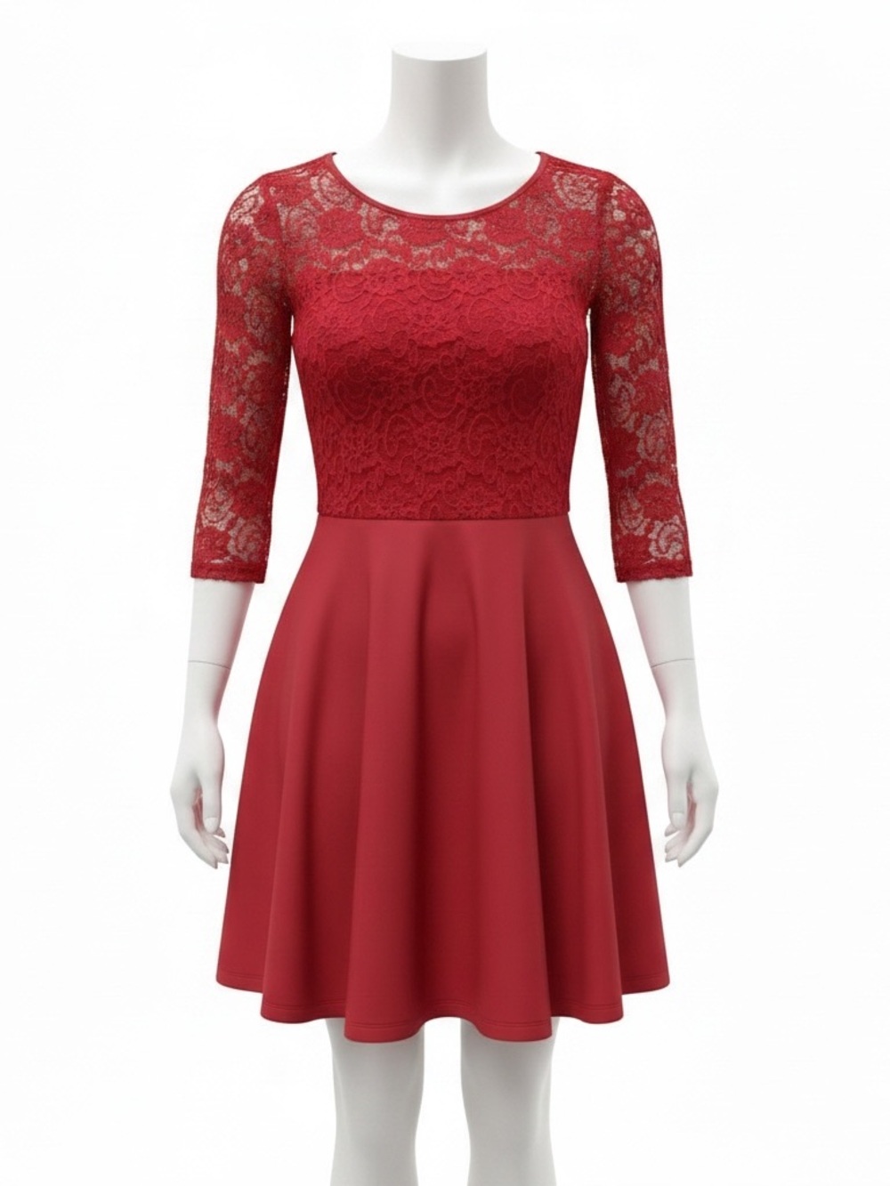 Red Lace 3/4 Sleeve Fit & Flare Dress, Size Small (Approx.)